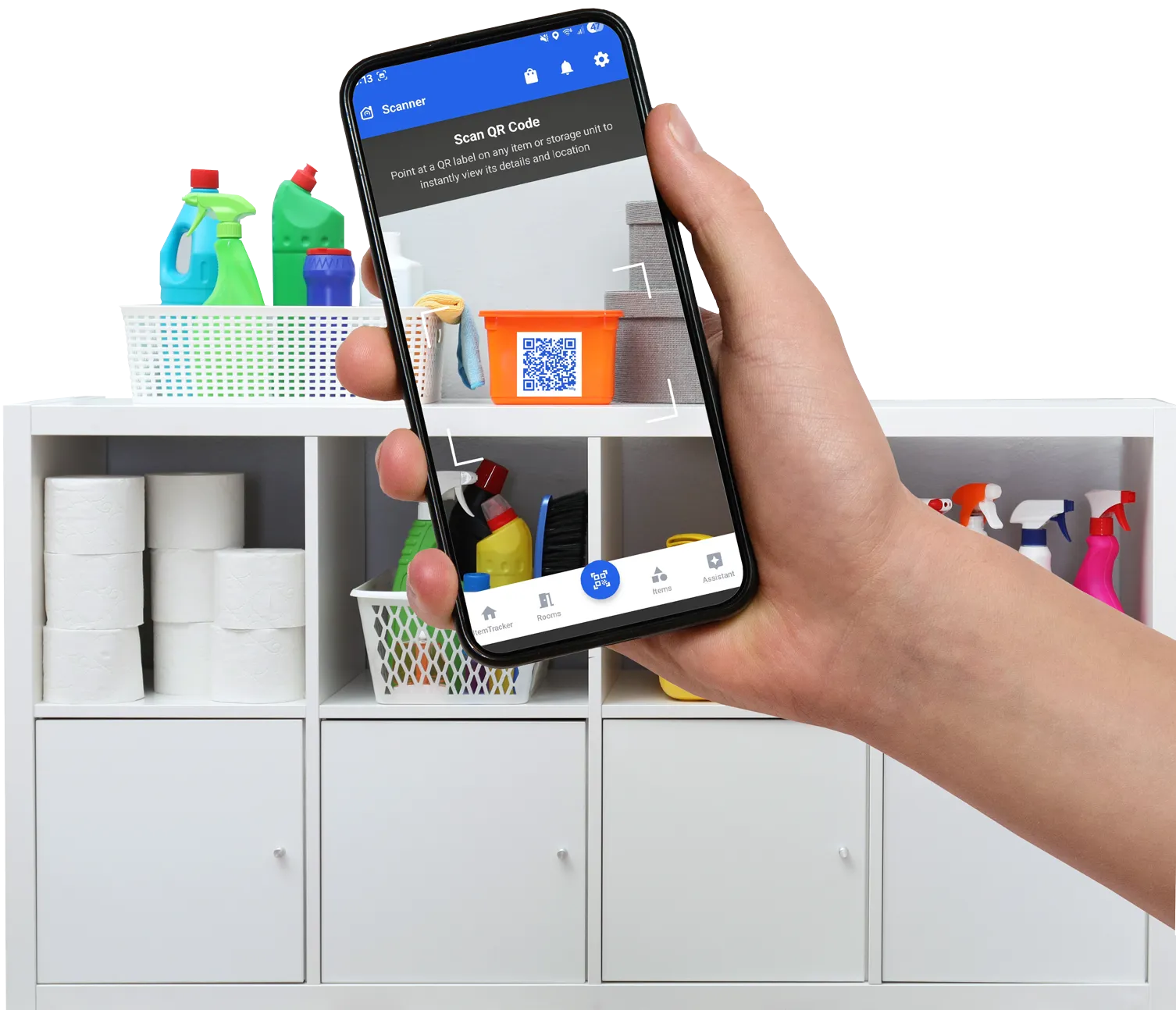 Scanning a QR code on a storage shelf with the ItemTracker home inventory app