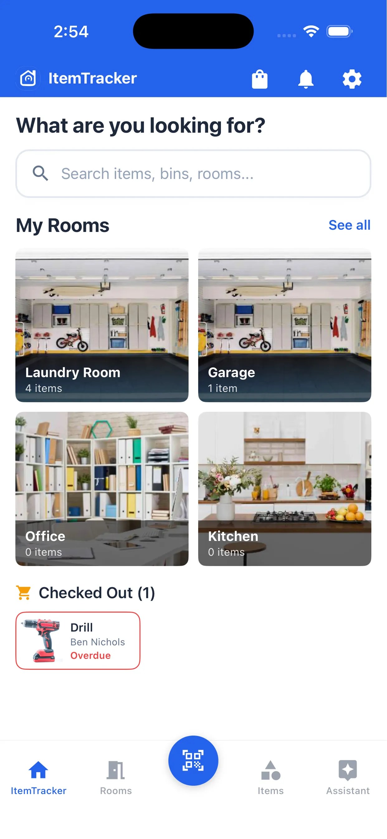 ItemTracker home inventory dashboard with search and categories